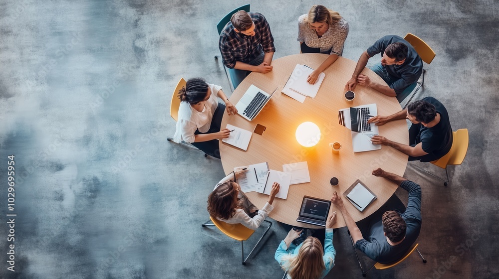Poster group of professionals collaborating on a project around a table during a brainstorming session in a