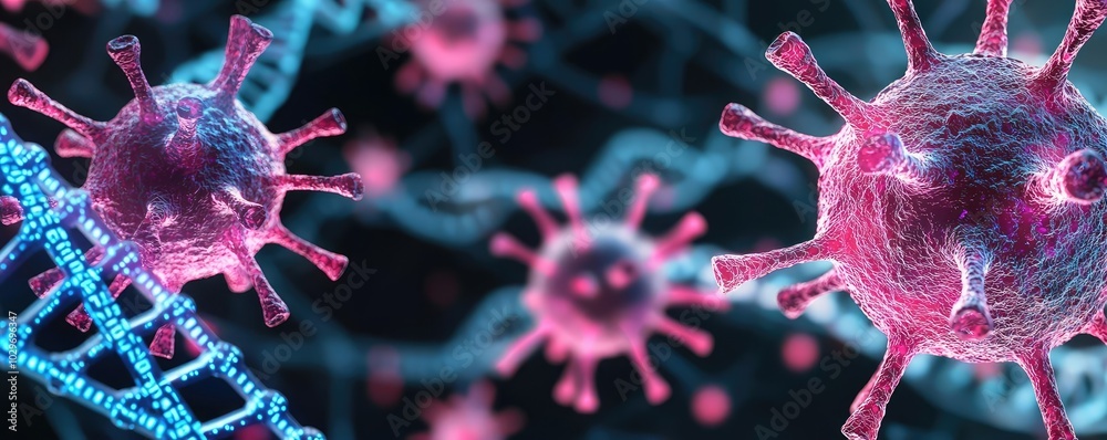 Poster colorful representation of viruses and dna structure on a dark background.