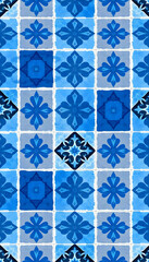 Fototapeta premium Watercolor blue Italian tiles seamless pattern isolated with white highlights, png