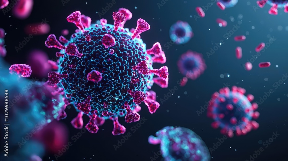 Poster microscopic view of virus particles on a dark background.