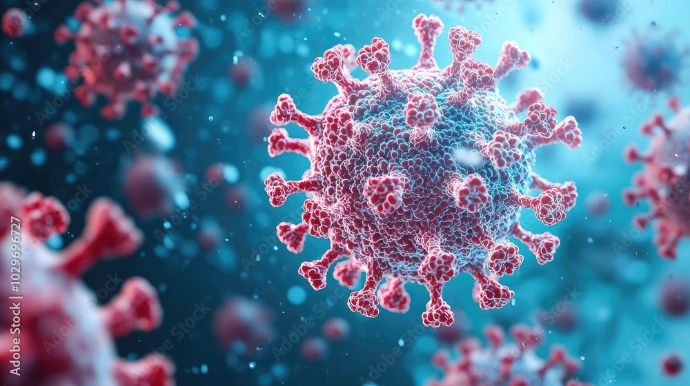 Poster microscopic view of virus particles in blue and red tones, isolated background.