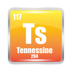 Tennessine icon. Ts chemical element. Atomic number 117. Mass 294. Orange square image. Vector symbol.