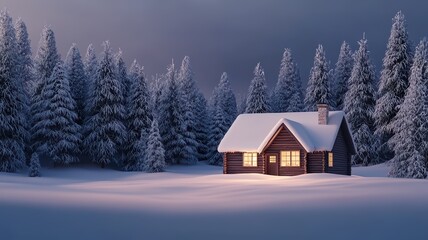 Naklejka premium Cozy log cabin illuminated in a snowy winter landscape