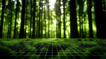 Futuristic forest landscape with grid overlay
