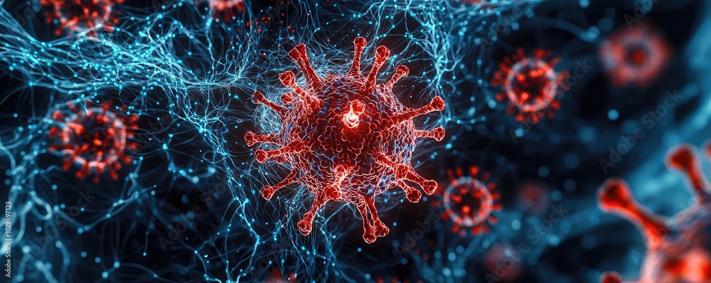 Poster detailed depiction of a virus on a dark background with intricate patterns.