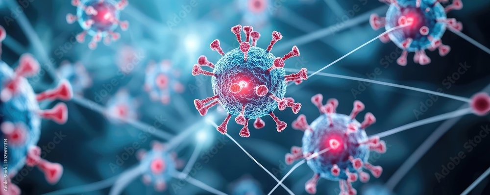 Poster Close-up view of virus particles on a digital background