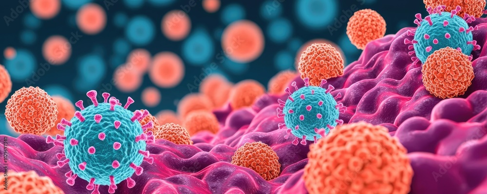 Poster close-up of colorful viruses on a cellular surface, digital illustration.