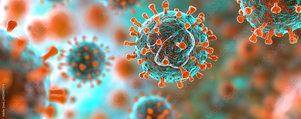 Aufkleber Close-up view of virus particles on a colorful background, abstract representation.