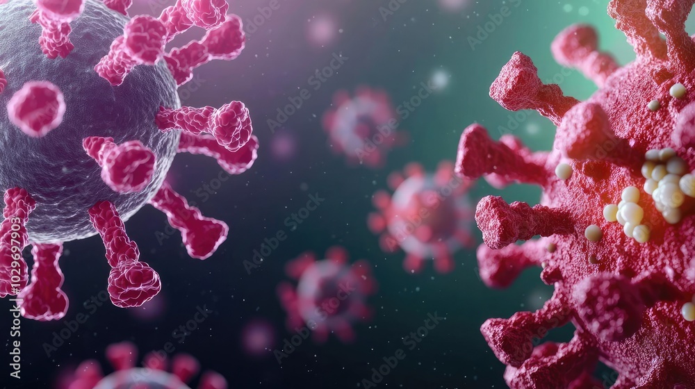 Poster close-up view of coronavirus particles with a colorful background.
