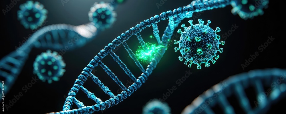 Poster conceptual illustration of dna structure with virus elements on a dark background.