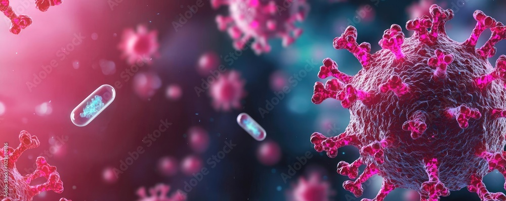 Poster microscopic view of viruses with vibrant colors on a soft-focus background.