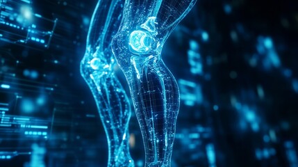 Cybernetic skeleton knee wrapped in glowing, futuristic holograms, pulsing with blue lights to represent high-tech healing technology, set against a digital matrix, Sci-fi, Neon