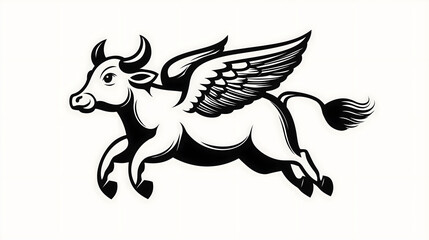 Fototapeta premium flying cow with angel wings, black and white logo tattoo style