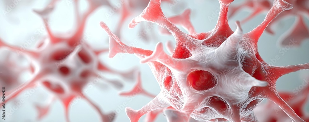 Poster close-up view of red and white virus cells on a light background.