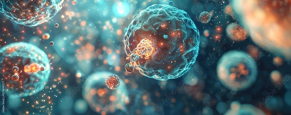 Poster Abstract illustration of colorful cells in a microscopic view on a dark background