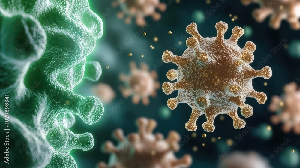 Poster microscopic view of viruses in vibrant colors on a dark background.