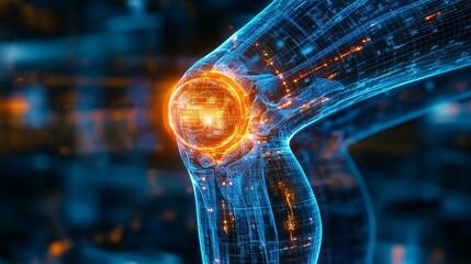 Detailed knee X-ray with holographic medical interface, neon rings highlighting the joint, futuristic treatment, sci-fi, glowing digital elements, 3D illustration