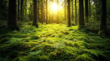 Obraz premium Serene Forest Landscape with Sunlight and Green Foliage