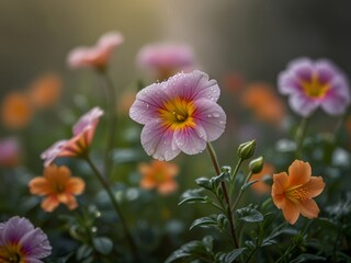 A vibrant display of orange and purple flowers bloom in a soft natural light