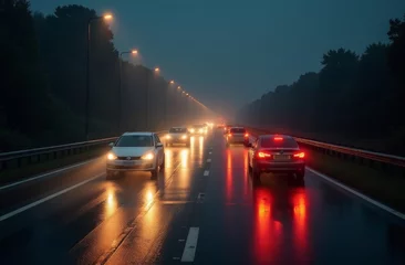 Fotobehang Rainy evening drive along a highway with headlights illuminating wet pavement and reflecting red hues © InfiniteStudio