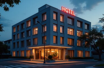 Modern hotel exterior illuminated at dusk with glowing sign and inviting entrance in a quiet neighborhood