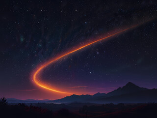 A serene and breathtaking digital artwork depicting a comet disappearing into the horizon of a vibrant, starry universe, set against a deep blue and purple gradient background that transitions