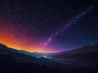 A serene and breathtaking digital artwork depicting a comet disappearing into the horizon of a vibrant, starry universe, set against a deep blue and purple gradient background that transitions