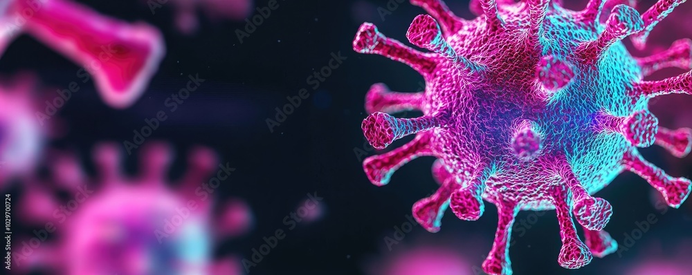 Poster microscopic view of the virus with vibrant colors on a dark background.