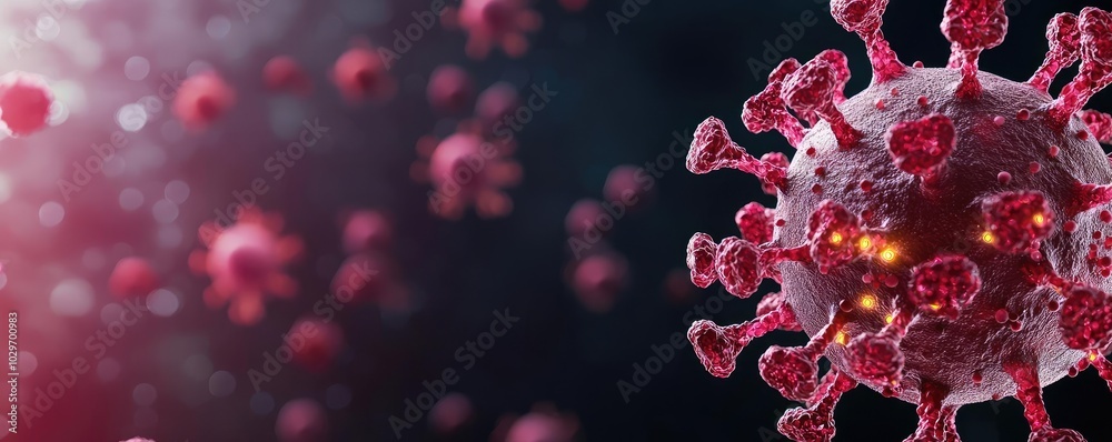 Poster 3d rendering of virus particles on a dark background, illustrating infectious disease.