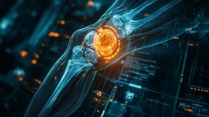 Detailed knee X-ray with holographic medical interface, neon rings highlighting the joint, futuristic treatment, sci-fi, glowing digital elements, 3D illustration