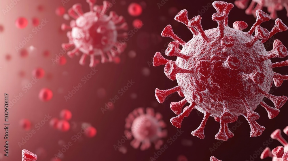 Poster microscopic view of coronavirus particles on a red background