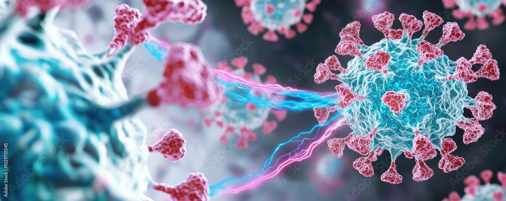 Poster close-up view of coronaviruses with striking colors and textures.