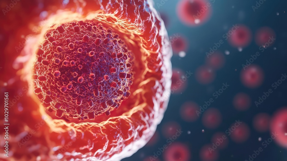 Poster Close-up view of a cell with glowing elements against a dark background.