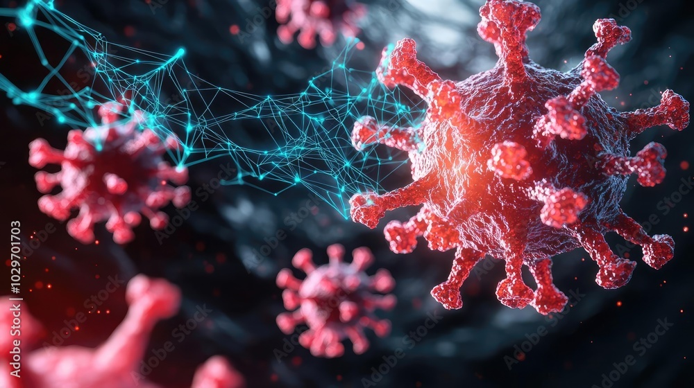 Aufkleber close-up visualization of a virus on a dark background with glowing elements.