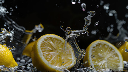 Fresh lemon slices create vibrant splash as water droplets dance around them, capturing essence of freshness and vitality in this dynamic composition