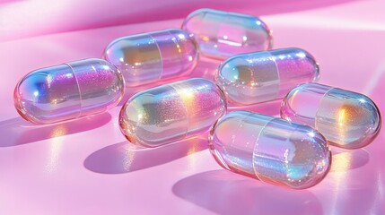 Dozens of translucent, holographic capsules with a pearlescent sheen, resting on a glossy pink surface reflecting their colors