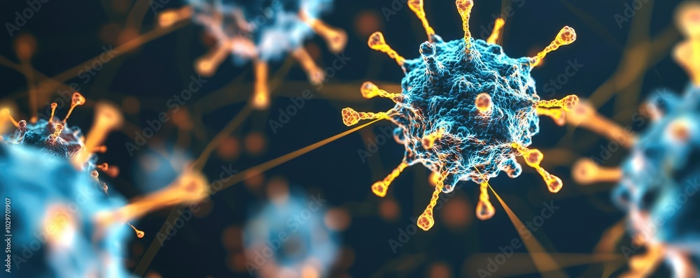 Poster microscopic view of viruses on a dark background.