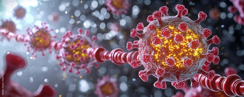 Leinwandbilder 3d virus structure with red spikes and glowing core on a dark background.