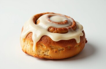 Freshly baked cinnamon roll with creamy icing sitting on a white background during the morning light