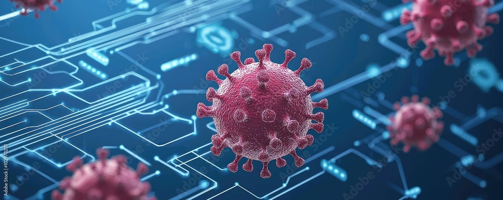 Poster 3d model of coronavirus on digital circuit background, blue and red color scheme.