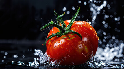 Fresh and vibrant red tomato splashing in water, showcasing droplets and glossy surface, evoking sense of freshness and vitality