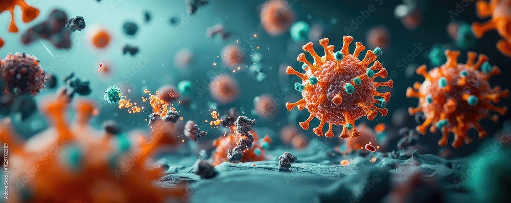 Poster Colorful microscopic view of virus particles with dynamic elements.