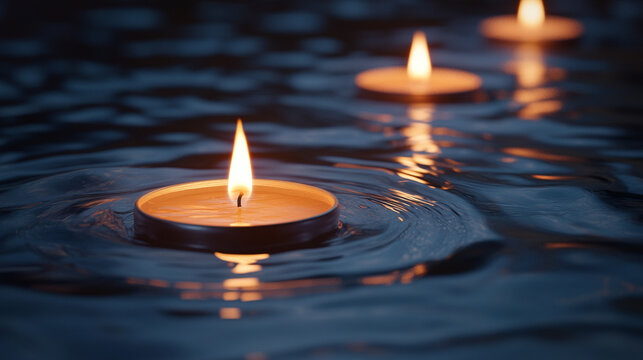Burning candles float gently in water, casting a warm, inviting glow during Diwali. This serene scene symbolizes hope, joy, and the triumph of light over darkness, capturing the festive spirit of the 