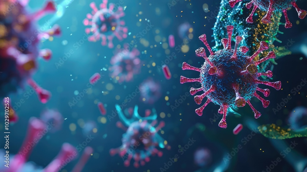 Poster colorful digital rendering of viruses under a microscope on a dark background.