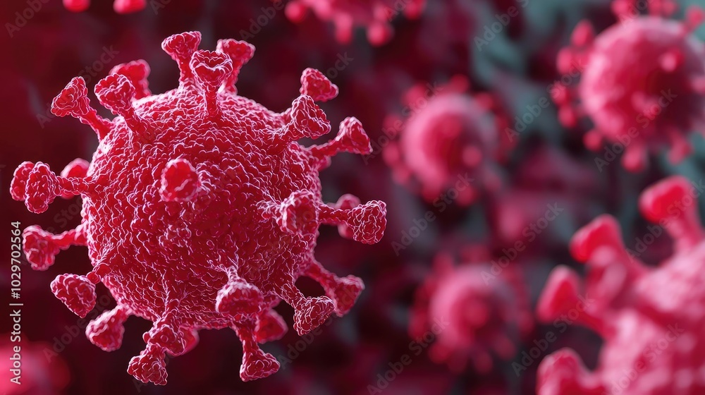 Poster microscopic view of a virus on a dark background, showcasing its intricate structure.