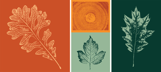 Oak leaf or leaves botanical print in warm fall autumn colors. Plain leaf sketched stamp art.