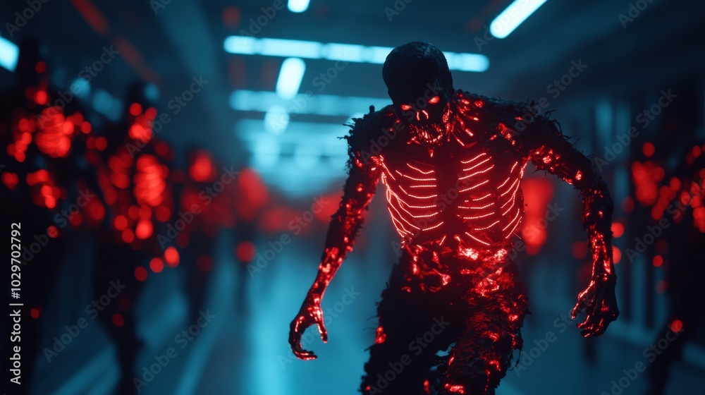 Poster Futuristic humanoid figure with glowing skeletal features in a dimly lit environment.