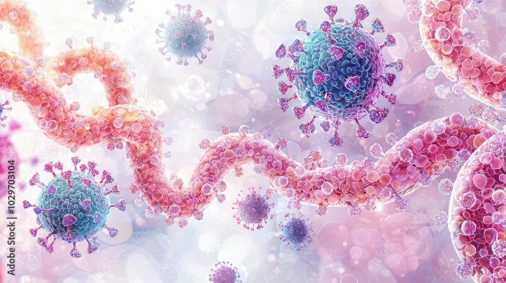 Poster Virus cells with colorful structures on a soft, abstract background.