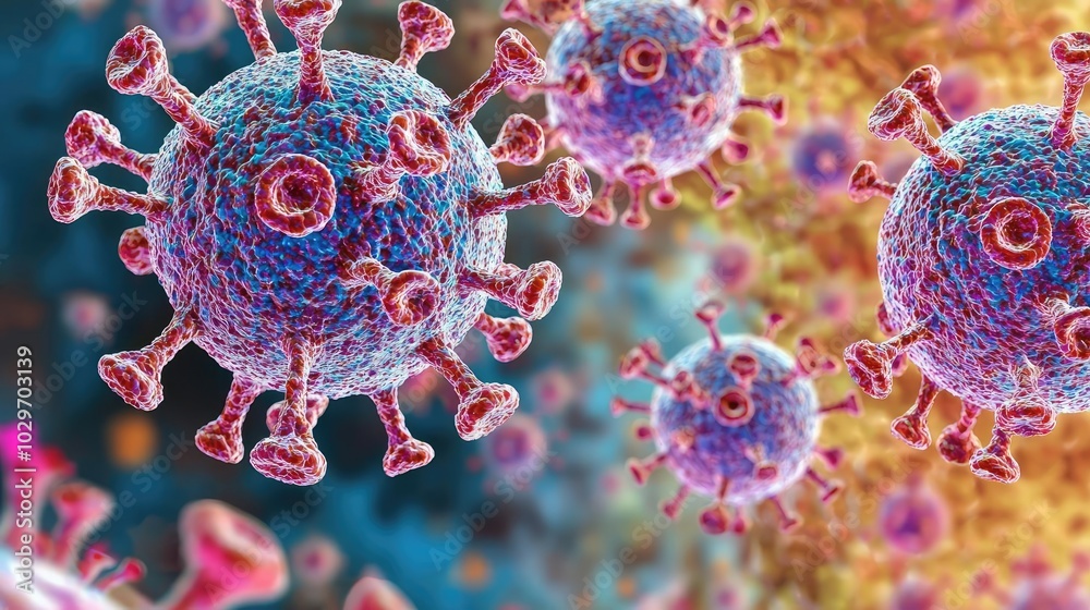 Poster close-up view of colorful virus cells on a blurred background.