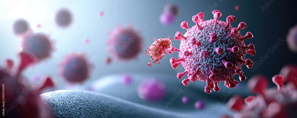 Aufkleber close-up view of virus particles on a soft surface, blurred background